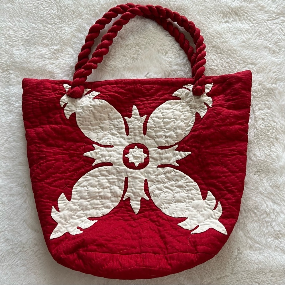 Handmade and Hand Stitched Red and White Quilted Tote Bag